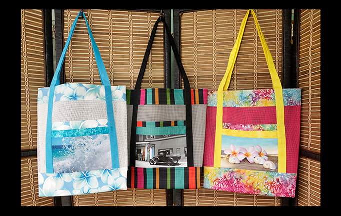 Amazing go anywhere reusable handmade tote  bag featuring hawaiian landscape, ocean and sea life pictures