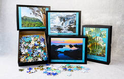 Jigsaw Puzzles featuring pictures of tropical fish, sea turtles, mountains, ocean waves, hawaii sunsets, and sandy beaches